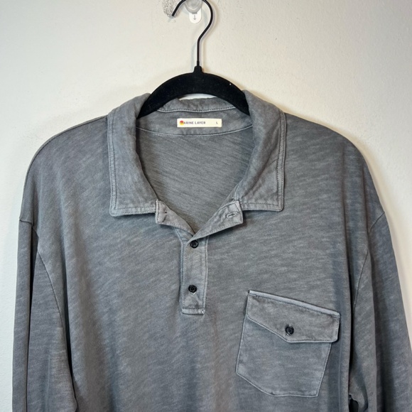 Marine Layer Mens Vintage Heavy Slub Polo Shirt Gray Long Sleeve Pocket Sz Large - Picture 2 of 9